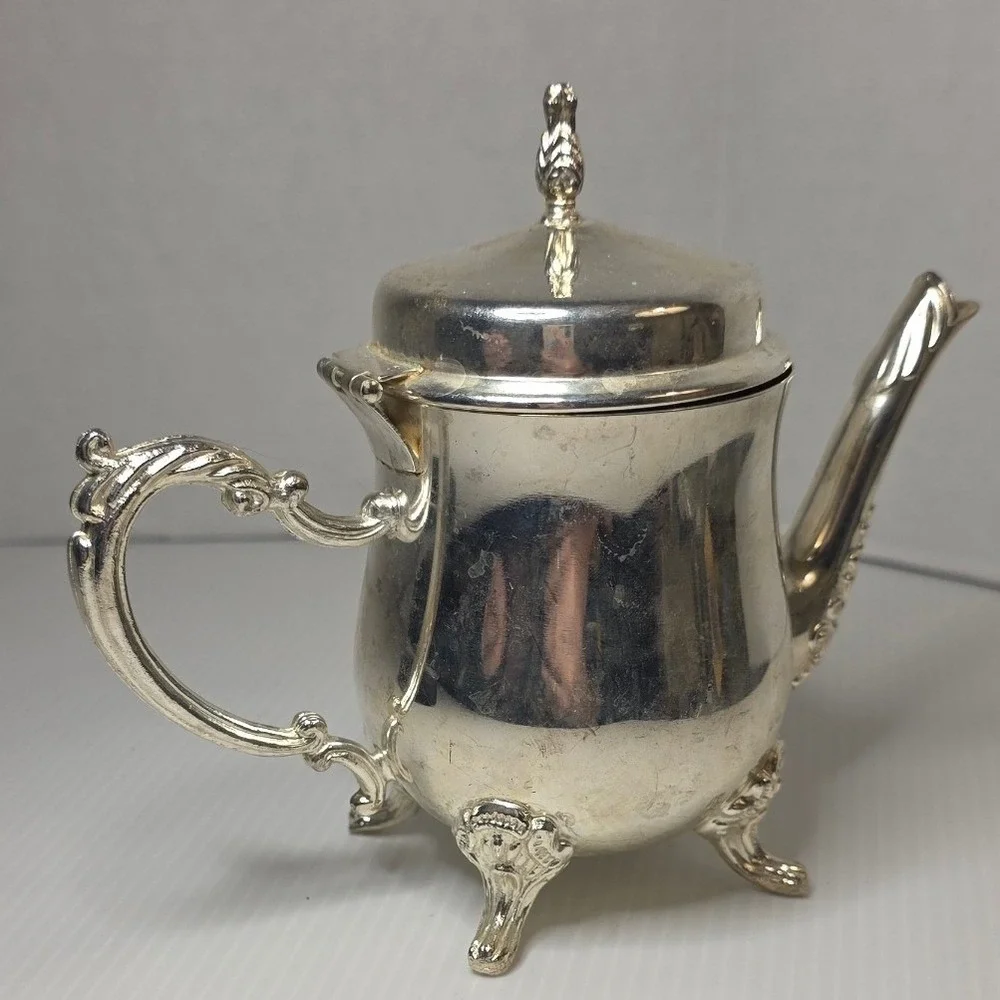 Vintage‎ Silver Plate Mini Teapot Creamer Ornate Footed Hinged Lid Unmarked